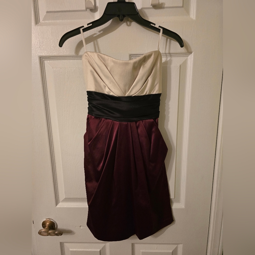 Mendocino Strapless Ivory, Black & Burgundy Satin Cocktail Dress